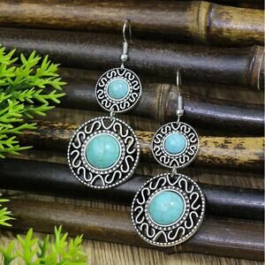 Ethnic Style Inlay Alloy Turquoise‎ Drop Earrings Boho Silver Round Retro Hippie